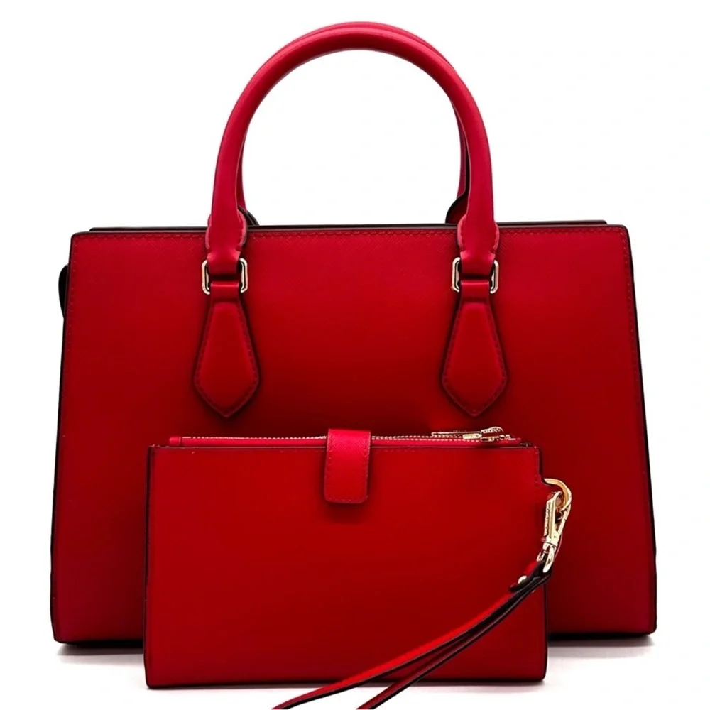 Michael Kors Sheila Medium Center Zip Satchel Bag & Large Double Zip Wallet Red - Picture 5 of 16